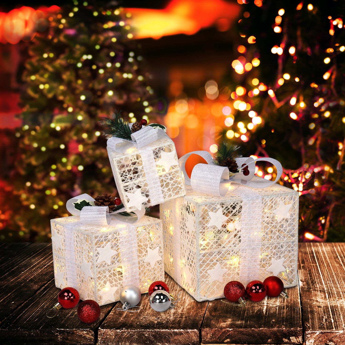 3pcs Square ABS Plastic Rack Garden Festive Decoration LED60 Light Warm White Light Cotton Thread Powder Gift Box