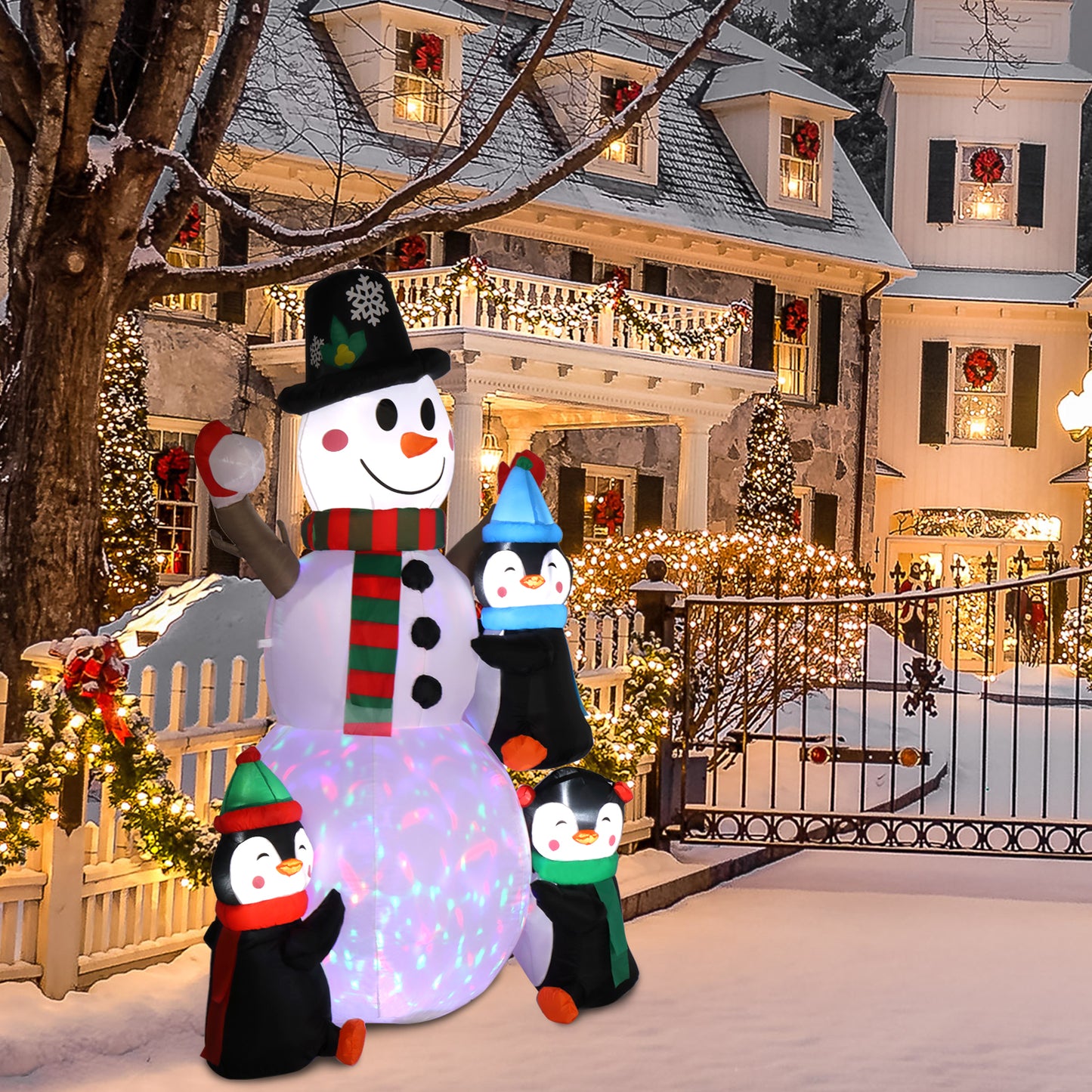 6ft With 3 Penguins, 4 Light Strings, 1 Colorful Rotating Light, Inflatable, Garden Snowman Decoration