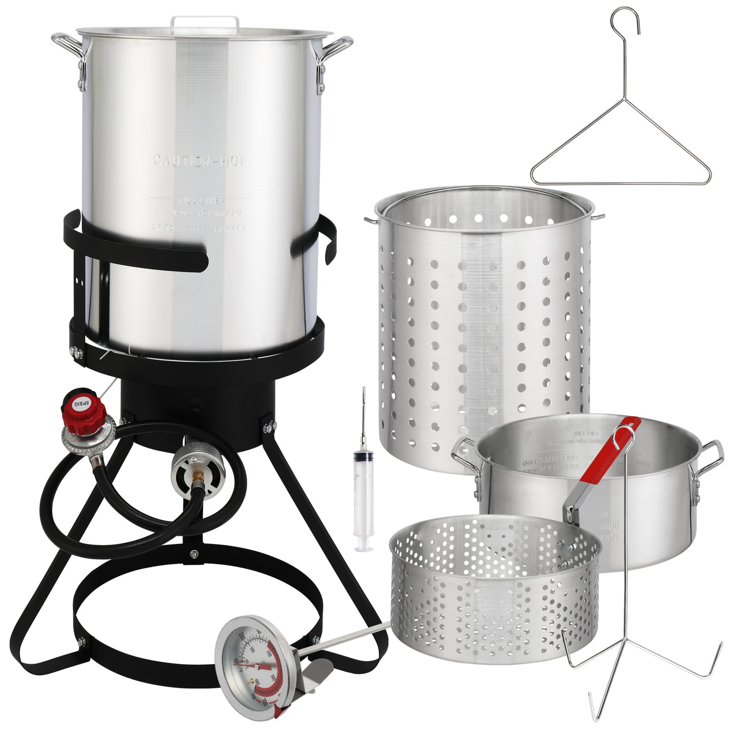 13*32inch Four-Piece Set, Black Round Iron Stove Frame, Silver Aluminum 30qt Turkey Pot 10qt Fish Pot, Gas Fryer