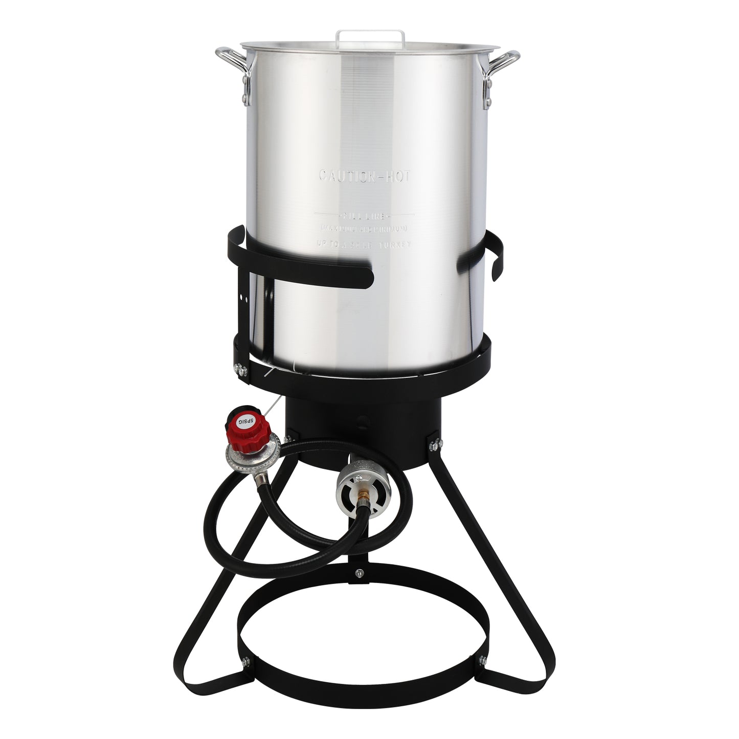 13*32inch Four-Piece Set, Black Round Iron Stove Frame, Silver Aluminum 30qt Turkey Pot 10qt Fish Pot, Gas Fryer