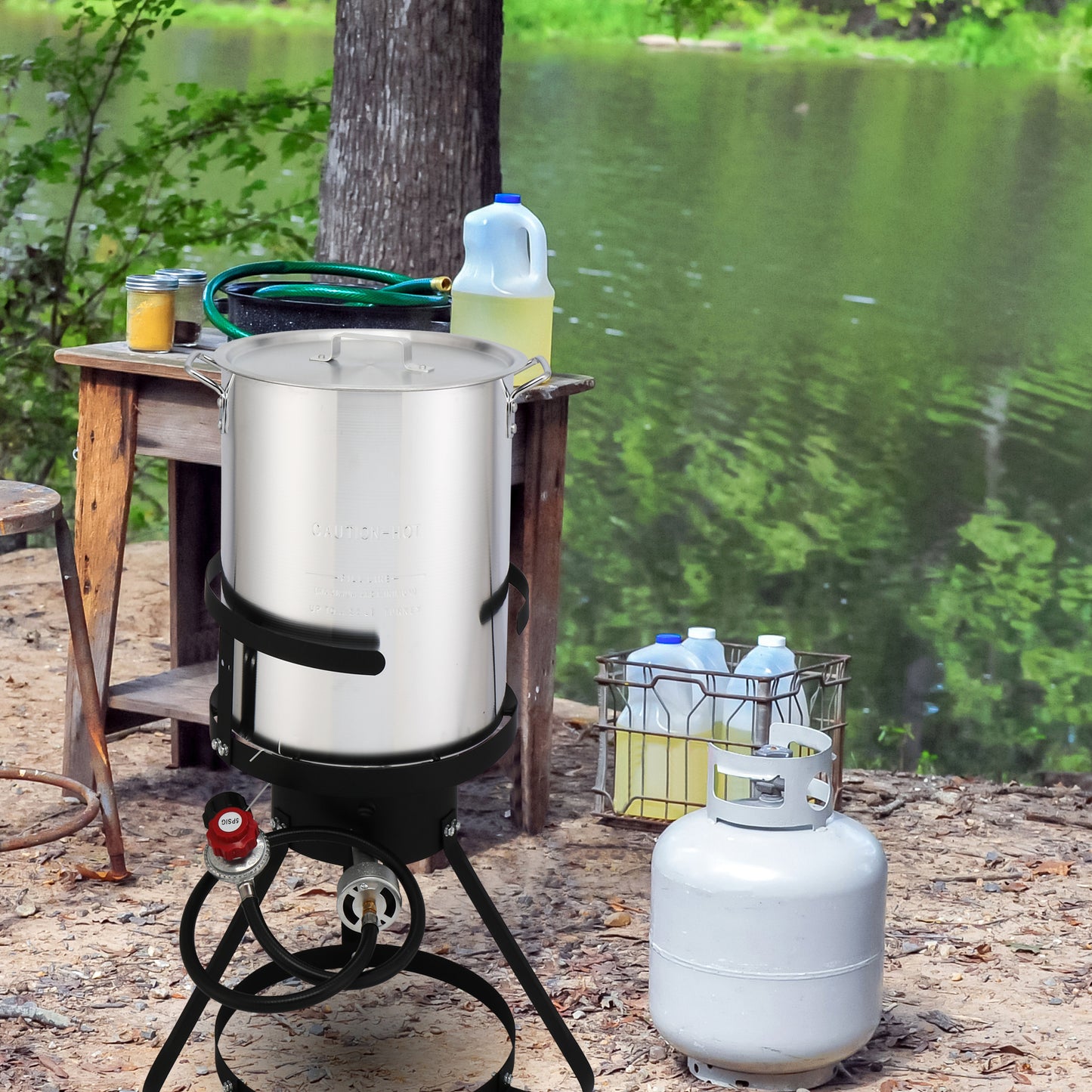 13*32inch Four-Piece Set, Black Round Iron Stove Frame, Silver Aluminum 30qt Turkey Pot 10qt Fish Pot, Gas Fryer