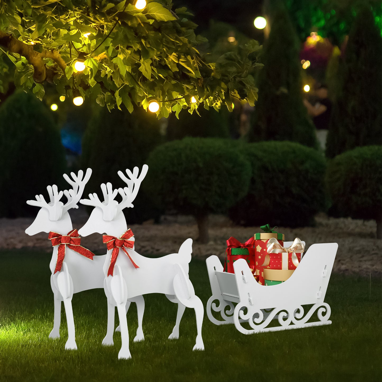 2 Deer Pulls 1 Sled PVC Garden Elk Decoration White