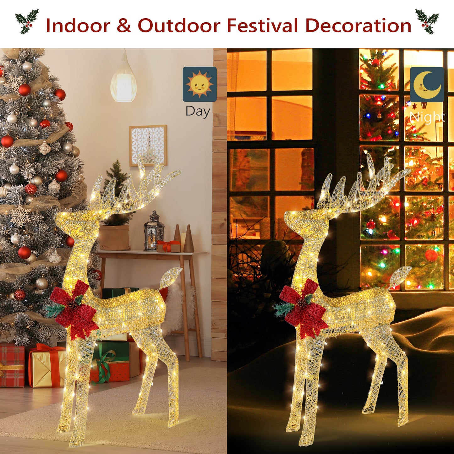 Lighted Christmas Reindeer Outdoor Decorations, Weather Proof 4ft Santa's Sleigh Reindeer Christmas Ornament Indoor Home Decor Pre-lit 90 LED Lights with Stakes, Zip Ties Secured