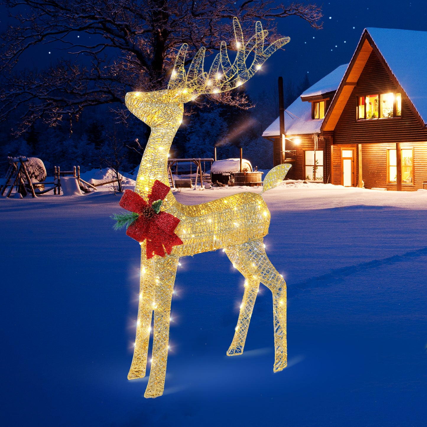 Lighted Christmas Reindeer Outdoor Decorations, Weather Proof 4ft Santa's Sleigh Reindeer Christmas Ornament Indoor Home Decor Pre-lit 90 LED Lights with Stakes, Zip Ties Secured