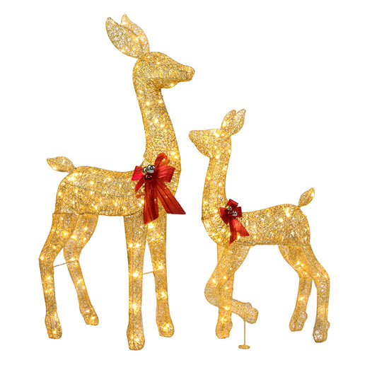 2-Piece Lighted Christmas Deer Family, Outdoor Yard Decoration Set with 210 LEDs Warm White Light, Gold