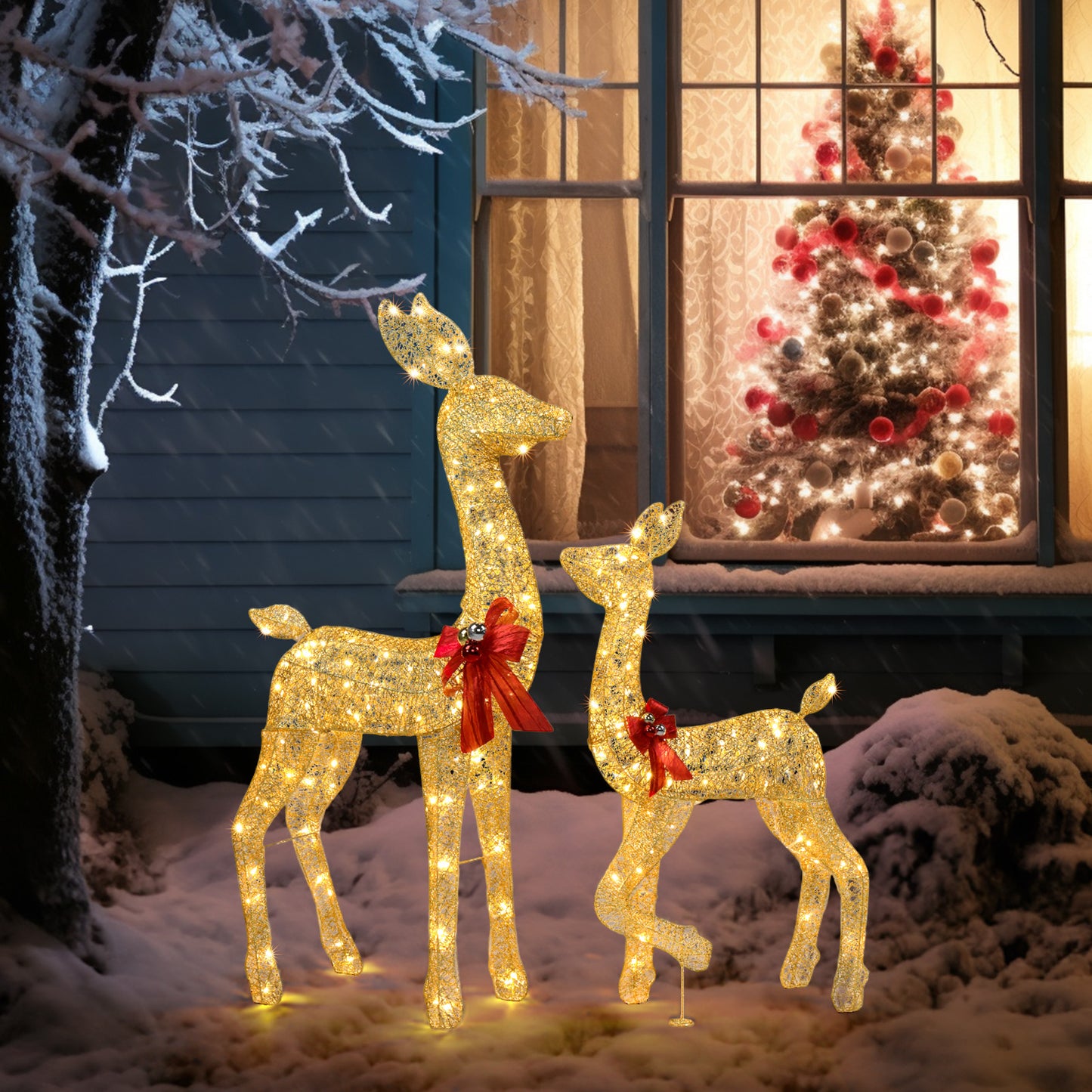 2-Piece Lighted Christmas Deer Family, Outdoor Yard Decoration Set with 210 LEDs Warm White Light, Gold