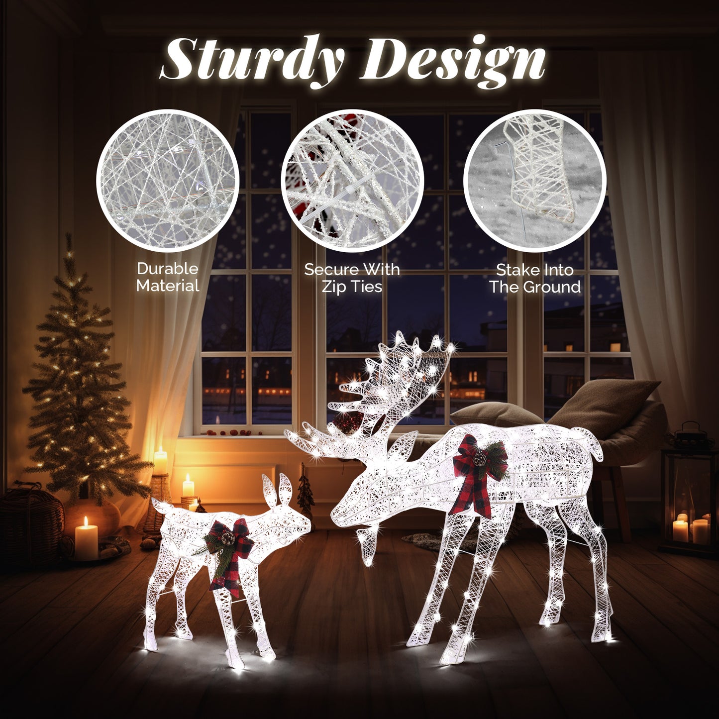 2pcs 4ft 30V 3.6W Moose Family 200LED Leather String Light Garden Moose Decoration White