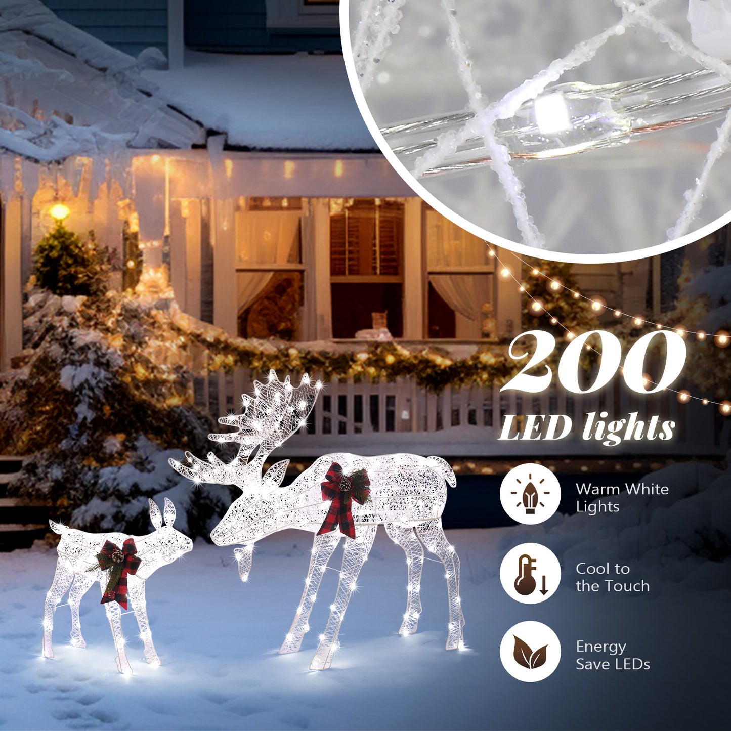 2pcs 4ft 30V 3.6W Moose Family 200LED Leather String Light Garden Moose Decoration White