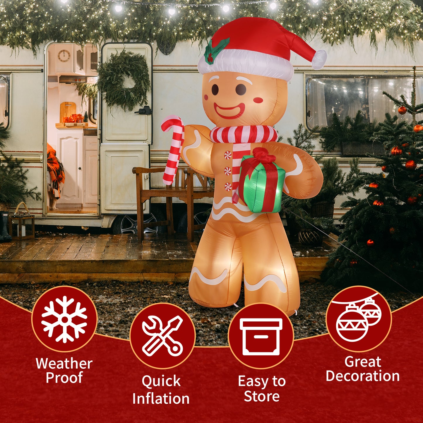 8ft 15W 5 LED Lights Gingerbread Man Holding Gift Garden Gingerbread Man Decoration