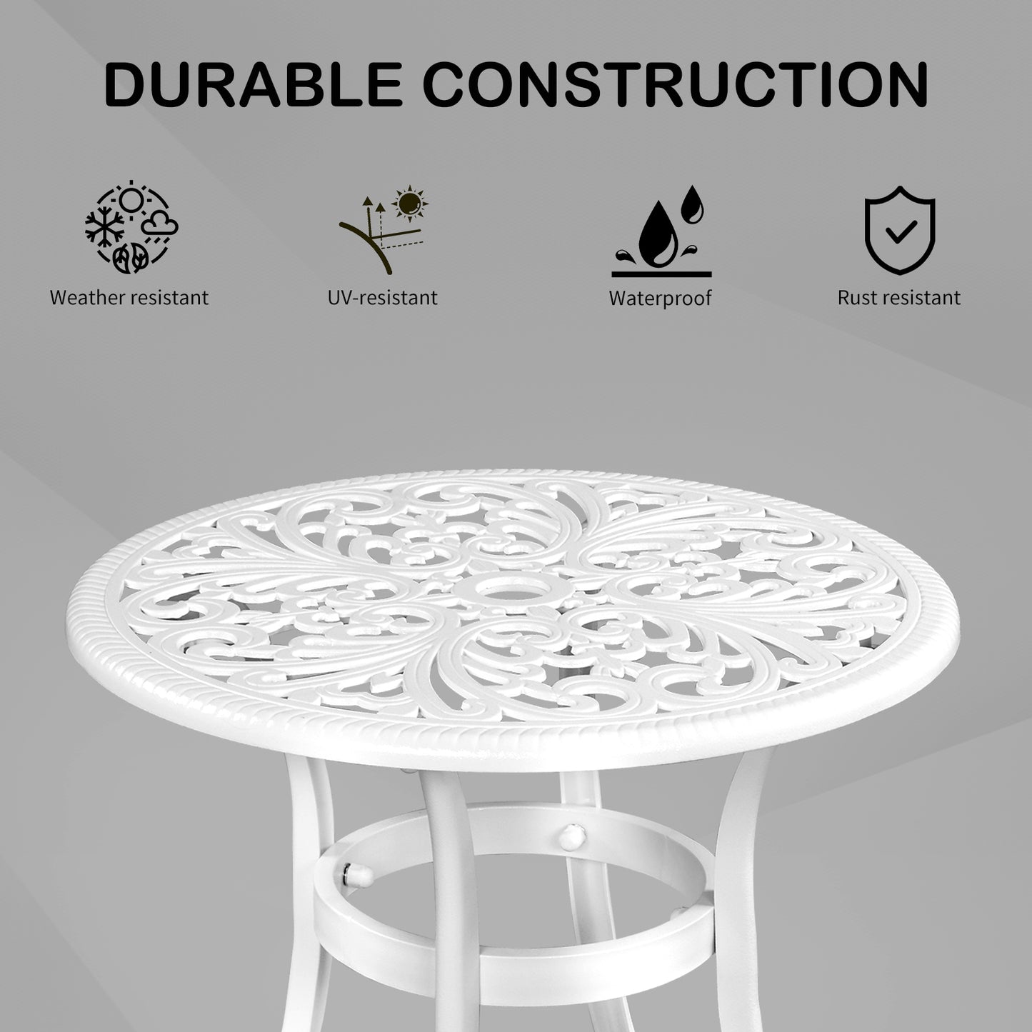 Phoenix Cast Aluminum Round Table, Patio End Table Side Table, Cast Aluminum Cocktail Table, Outdoor Bar Table, White