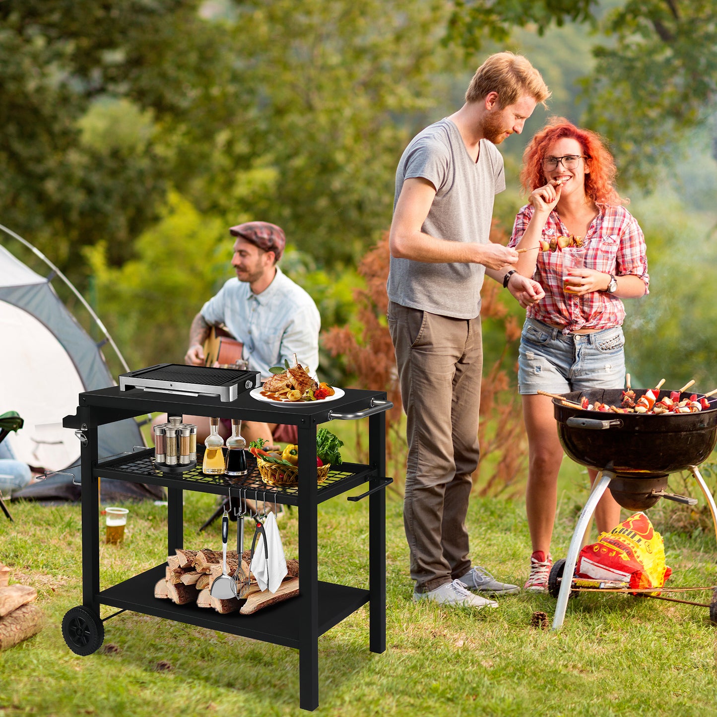 Outdoor Grill Cart Three-Shelf Grill Table, Movable BBQ Trolley Food Prep Cart with Two Wheels & Hooks, Black