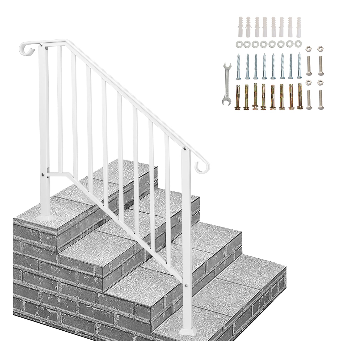 Handrails for Outdoor Steps, Iron Handrail Fits 3 Step, Transitional Handrail with Installation Kit, White