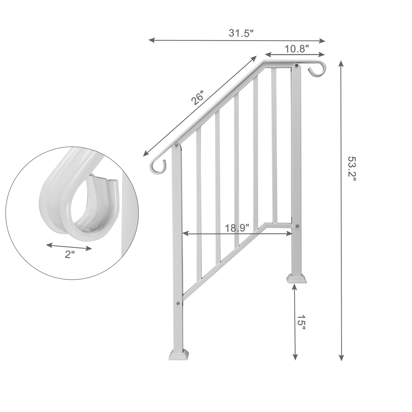 Handrails for Outdoor Steps, Iron Handrail Fits 2 Step, Transitional Handrail with Installation Kit, White