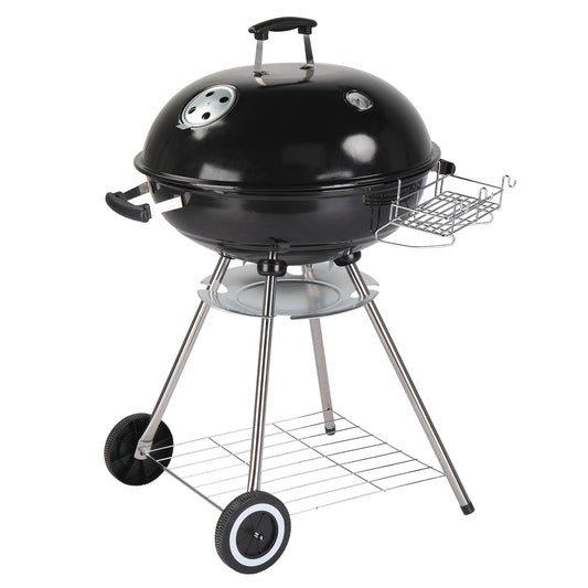 28-Inch Portable Charcoal Grill with Wheels and Storage Holder, Porcelain-Enameled Lid and Ash Catcher & Thermometer, Round Barbecue Kettle Grill Bowl Wheels for Outdoor Party Camping Picnic