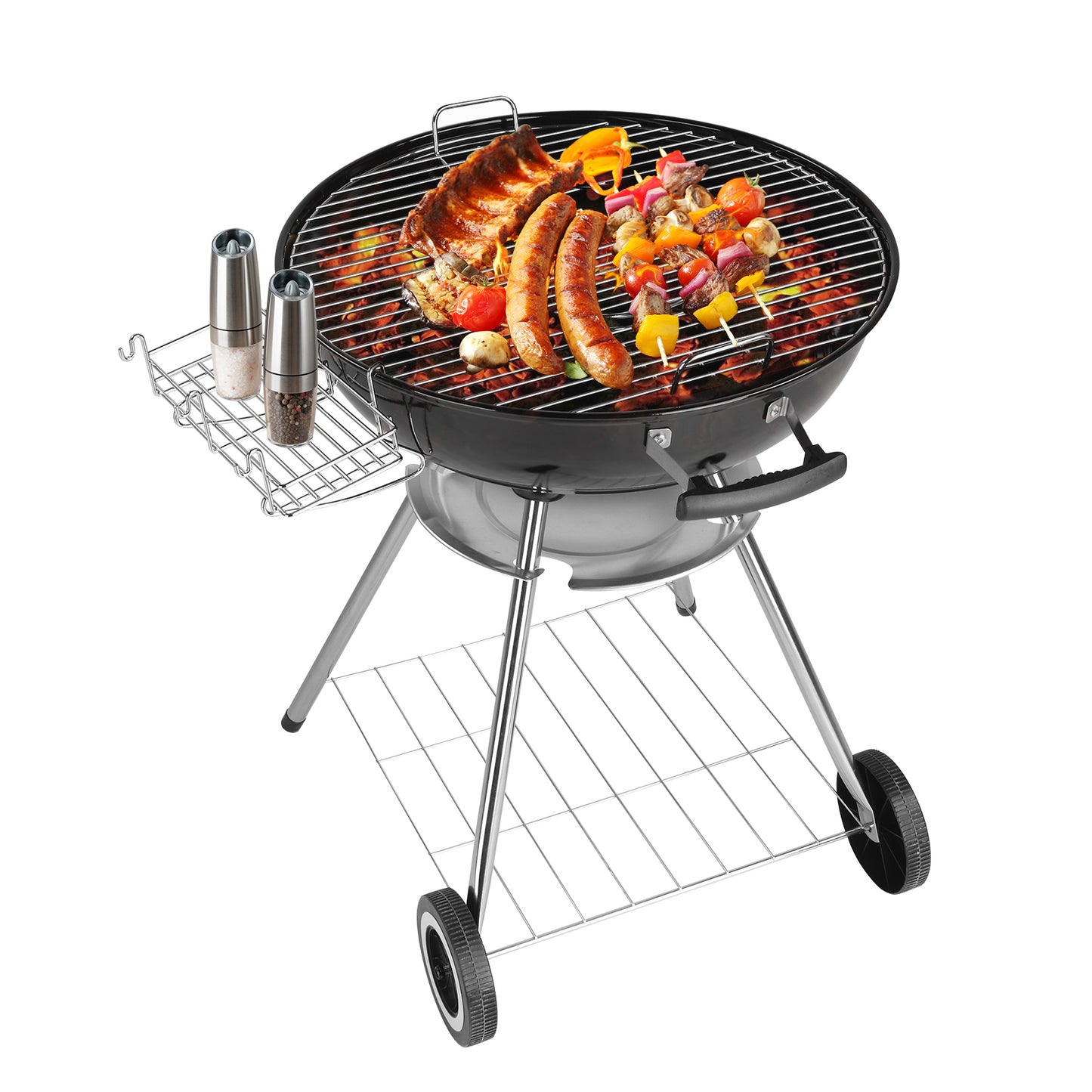 28-Inch Portable Charcoal Grill with Wheels and Storage Holder, Porcelain-Enameled Lid and Ash Catcher & Thermometer, Round Barbecue Kettle Grill Bowl Wheels for Outdoor Party Camping Picnic