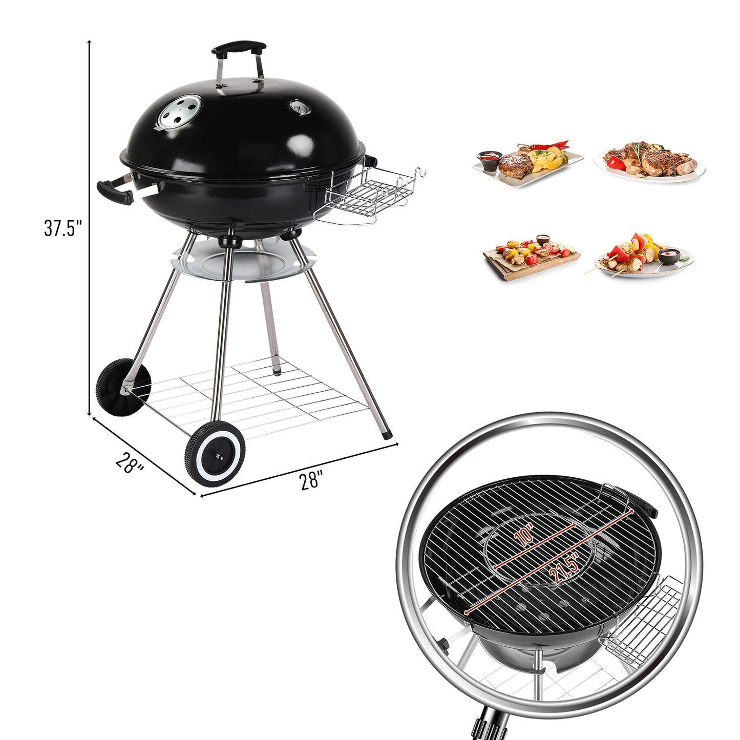 28-Inch Portable Charcoal Grill with Wheels and Storage Holder, Porcelain-Enameled Lid and Ash Catcher & Thermometer, Round Barbecue Kettle Grill Bowl Wheels for Outdoor Party Camping Picnic