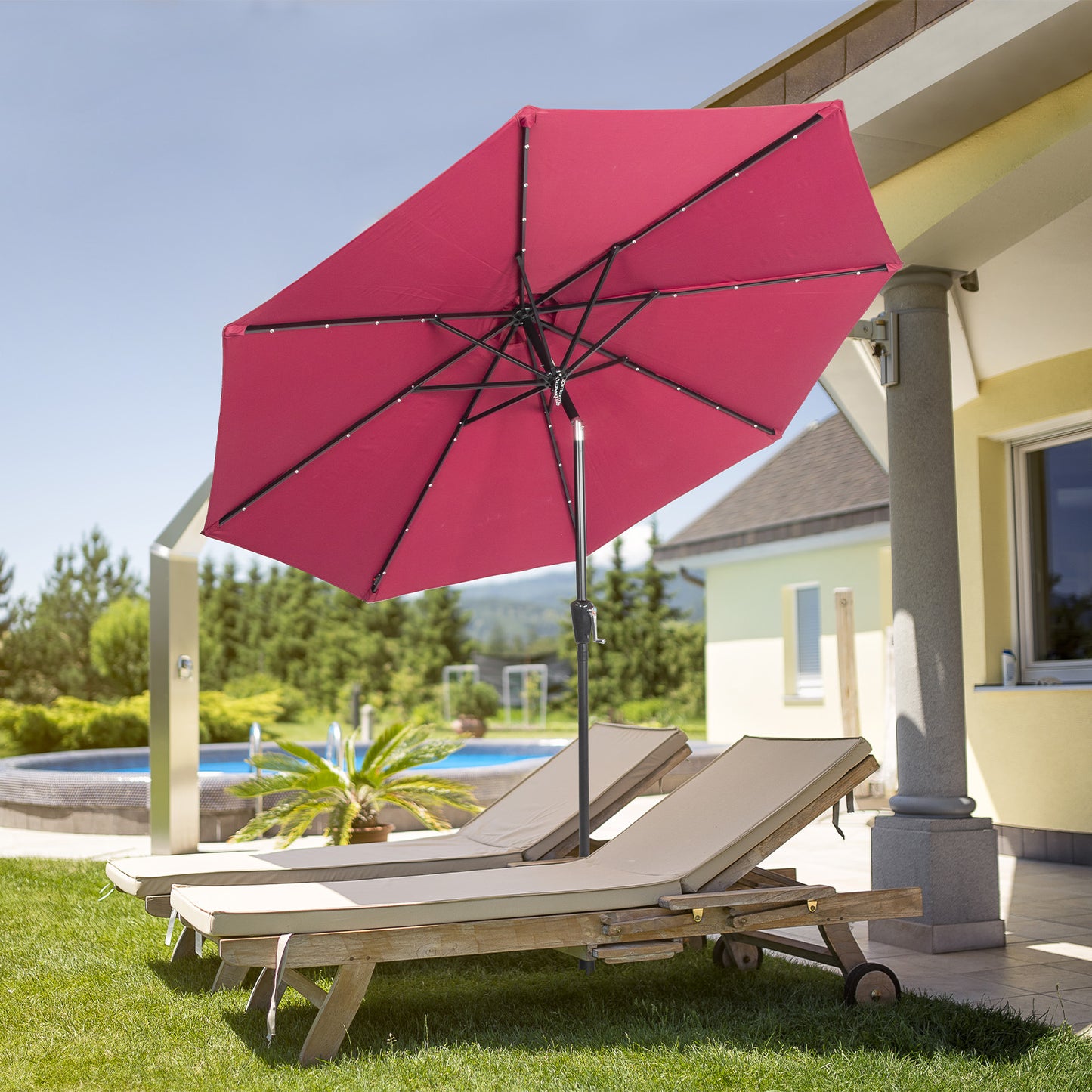 9FT  Umbrella Waterproof Folding Sunshade  Wine Red with Light（Not Included Umbrella Base）