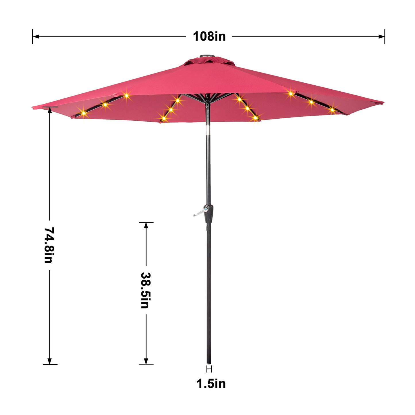 9FT  Umbrella Waterproof Folding Sunshade  Wine Red with Light（Not Included Umbrella Base）