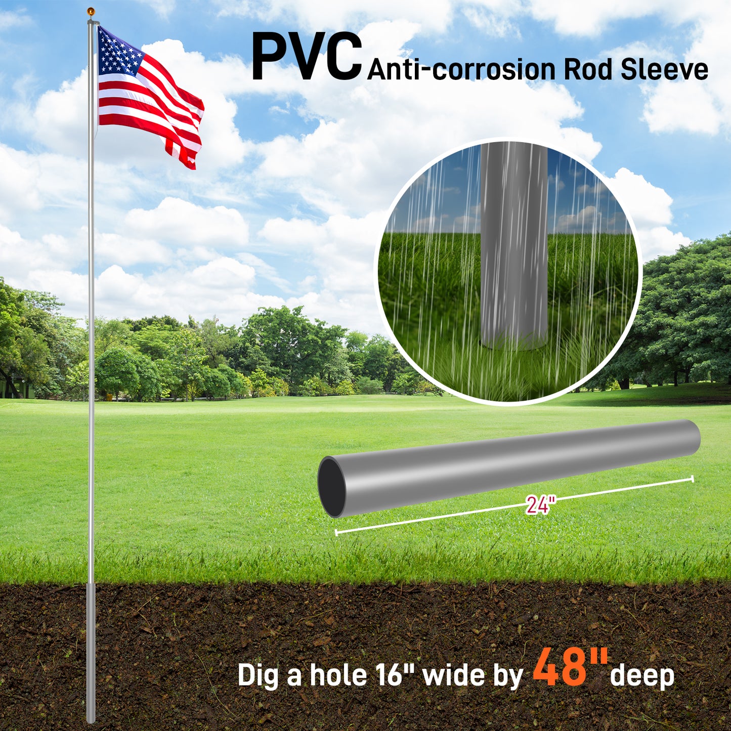 Flag Pole Kit for Outside House in Ground, 30FT Sectional Aluminum Extra Thick Flagpole, 5x3 US Flag, Heavy Duty Flag Poles Kit for Yard