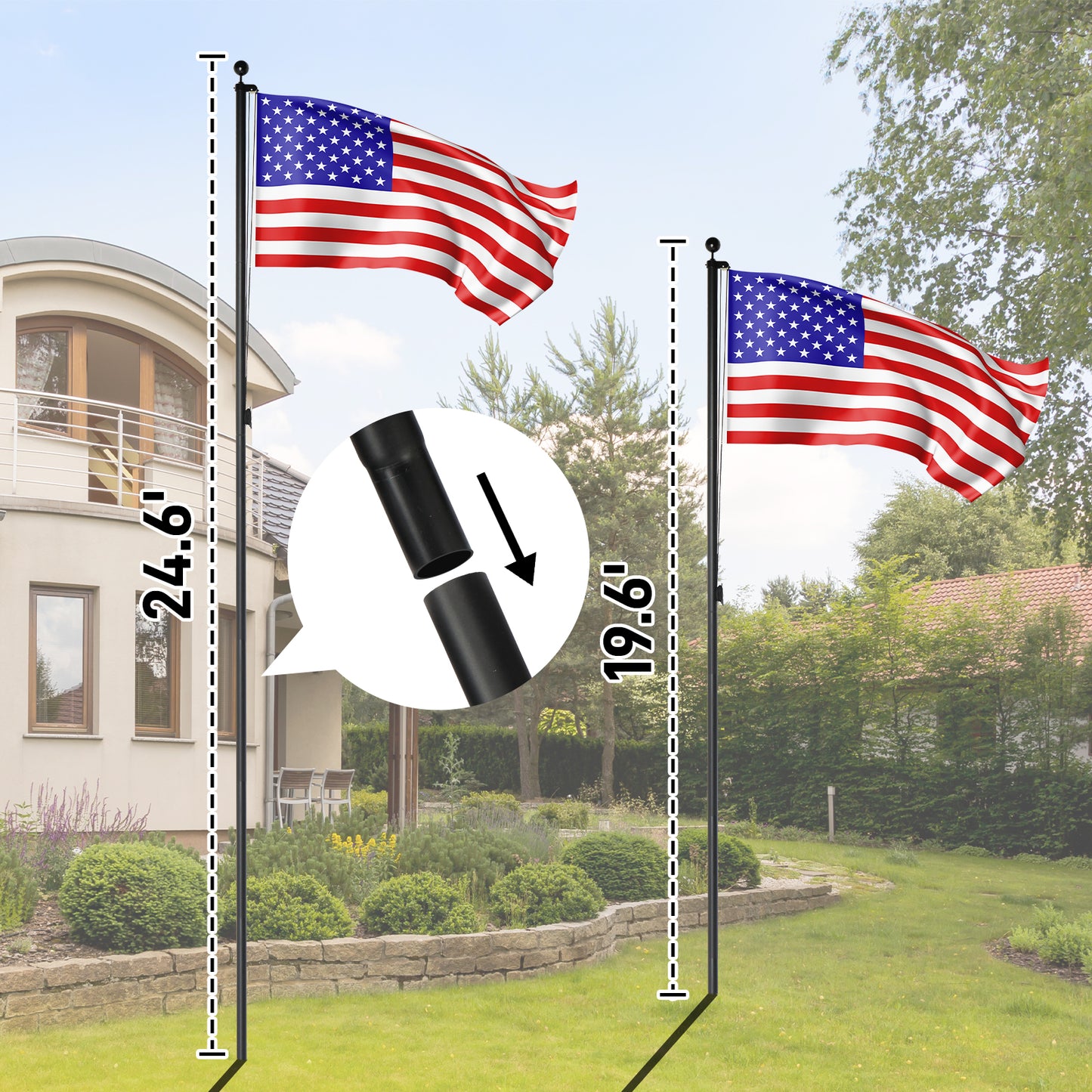 Flag Pole Kit for Outside House in Ground, 25FT Sectional Aluminum Extra Thick Flagpole, 5x3 US Flag, Heavy Duty Black Flag Poles Kit for Yard