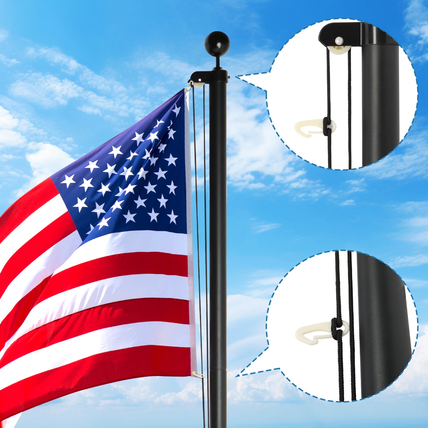 Flag Pole Kit for Outside House in Ground, 25FT Sectional Aluminum Extra Thick Flagpole, 5x3 US Flag, Heavy Duty Black Flag Poles Kit for Yard