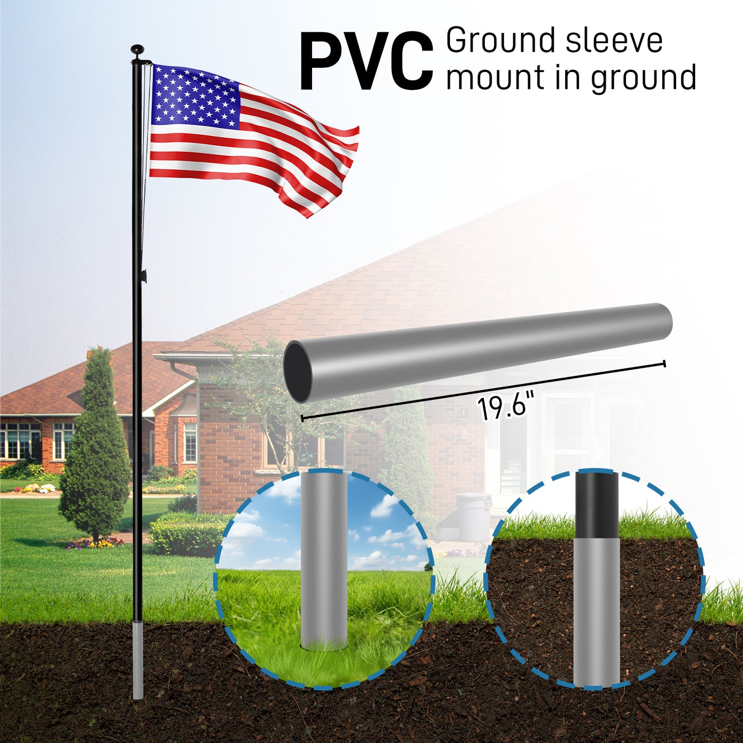 Flag Pole Kit for Outside House in Ground, 25FT Sectional Aluminum Extra Thick Flagpole, 5x3 US Flag, Heavy Duty Black Flag Poles Kit for Yard