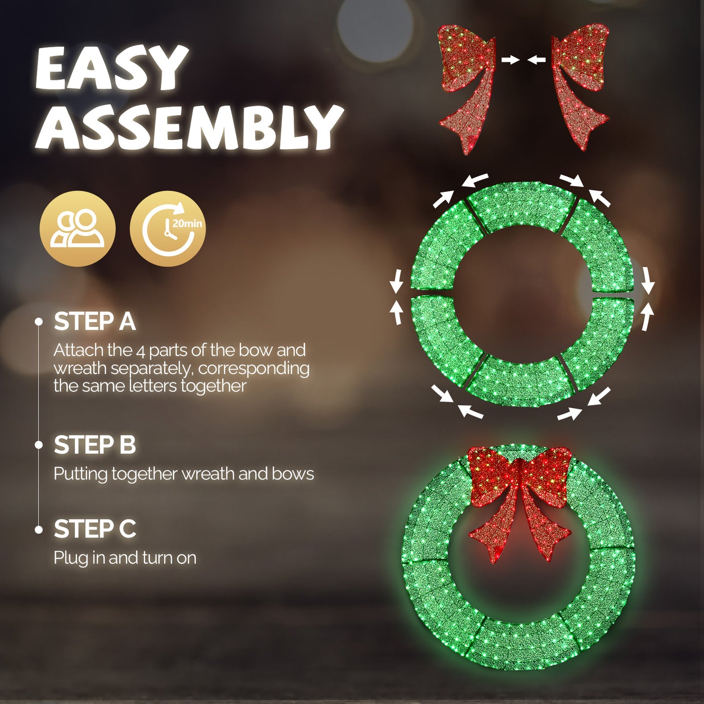 60in Pre-Lit Outdoor Christmas Wreath Decoration, LED Metal Holiday Decor for Home Exterior, Garden w/ 400 Lights, Bow - Green/Red