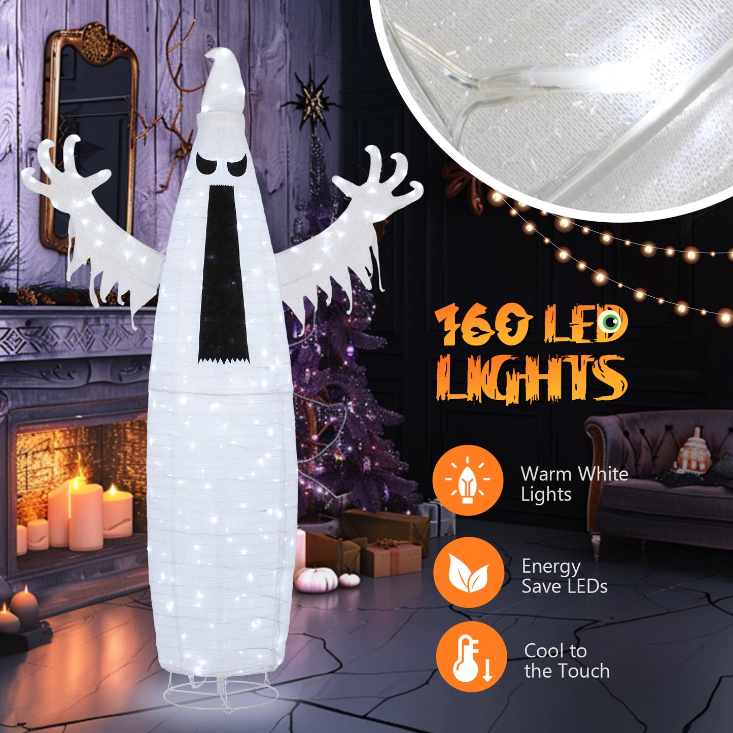 5.9ft Pop-up Ghost 160LED Lighted Outdoor Halloween Decorations