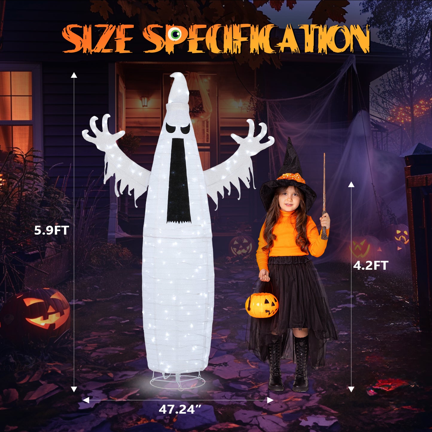 5.9ft Pop-up Ghost 160LED Lighted Outdoor Halloween Decorations