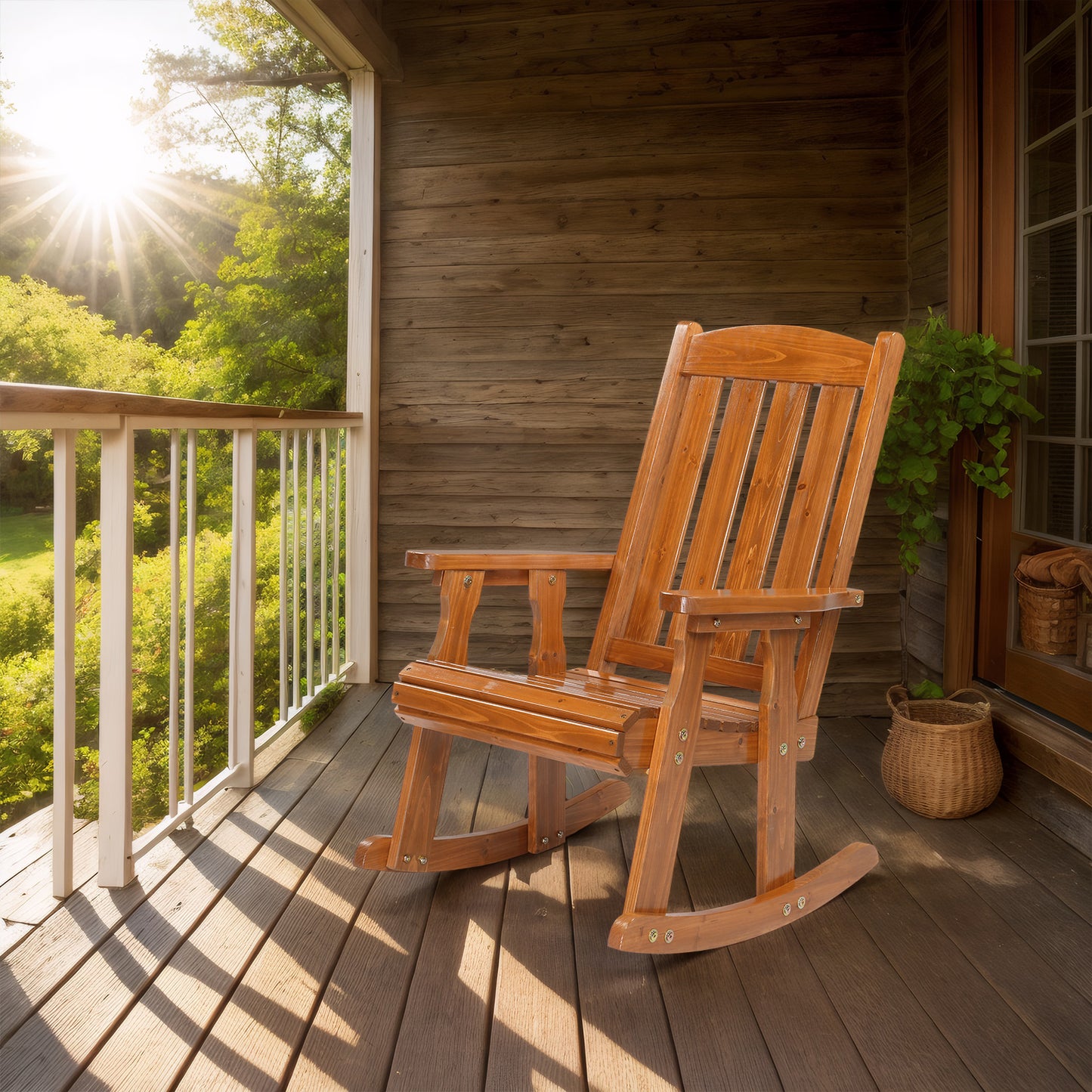 Teak color fir vertical stripe back wooden rocking chair