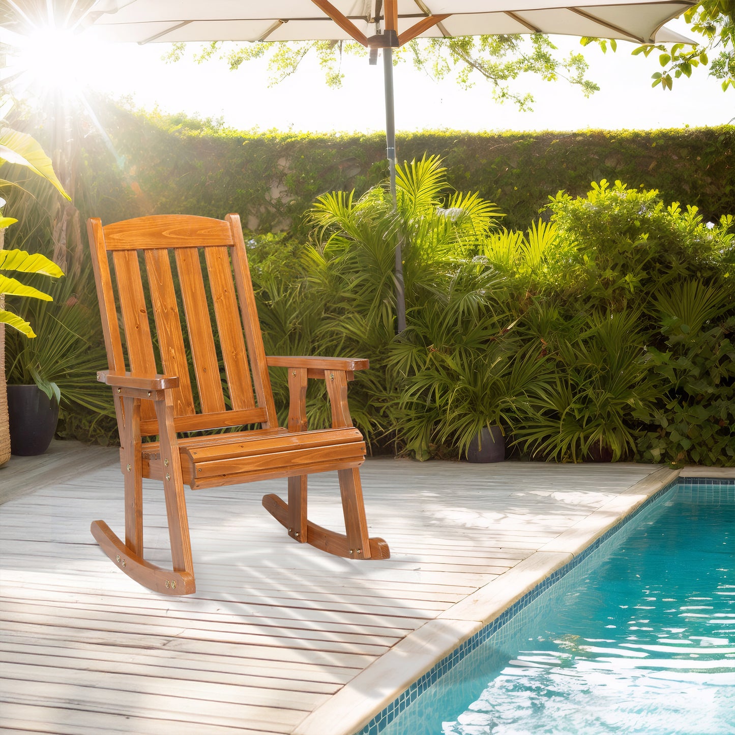 Teak color fir vertical stripe back wooden rocking chair