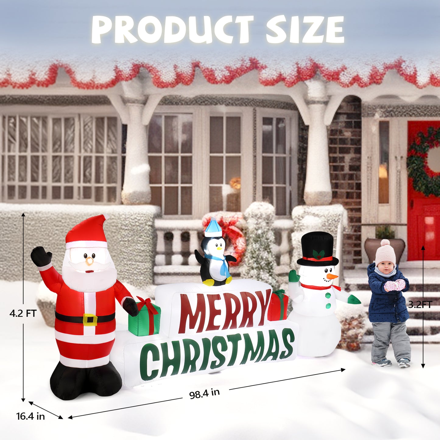 9.8 FT Lighted Christmas Inflatable Decoration, Inflatable Santa Claus and Snowman Holding Merry Christmas Sign, Funny Blow Up Yard Decorations with Built-in LED Lights for Holiday Party Front Yard