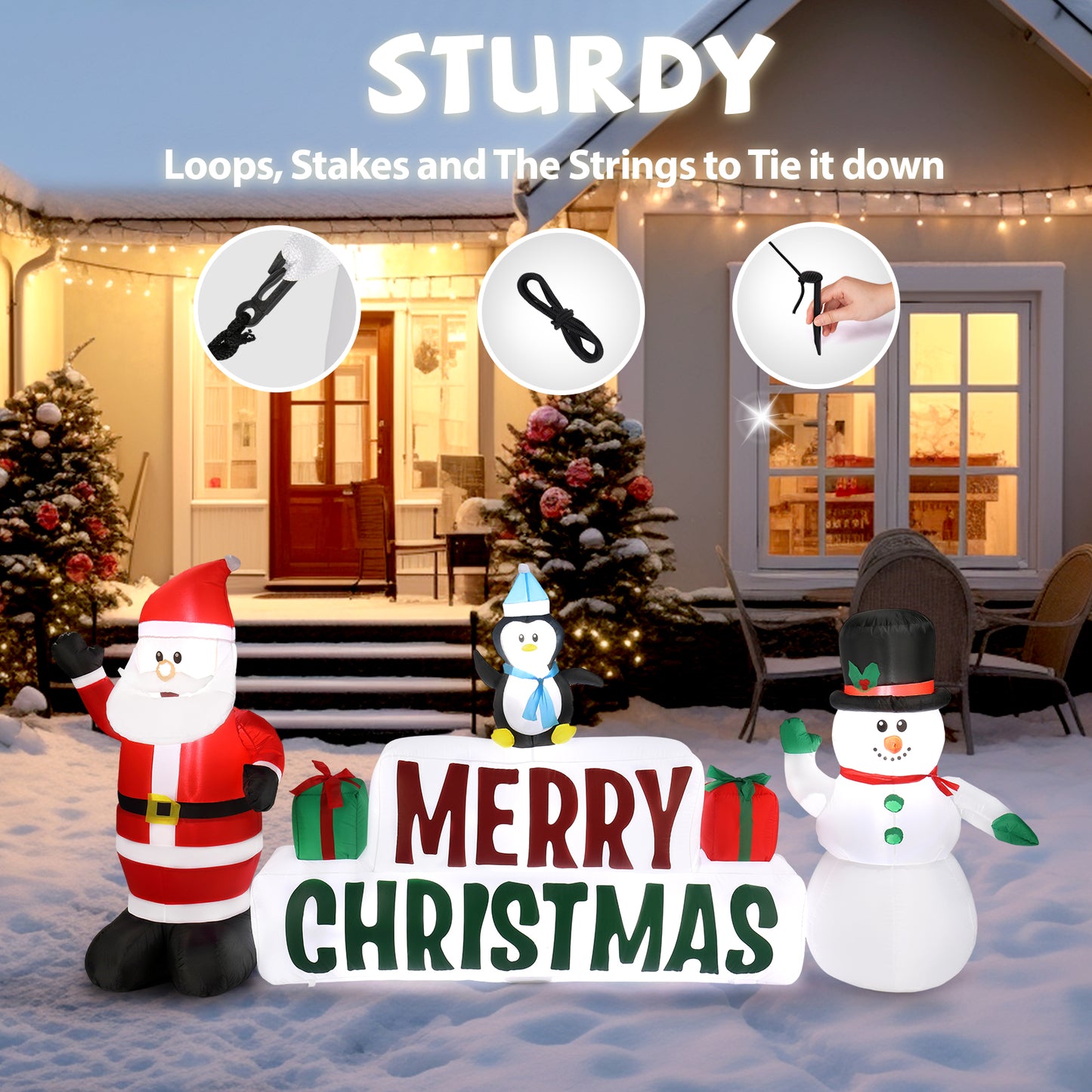 9.8 FT Lighted Christmas Inflatable Decoration, Inflatable Santa Claus and Snowman Holding Merry Christmas Sign, Funny Blow Up Yard Decorations with Built-in LED Lights for Holiday Party Front Yard