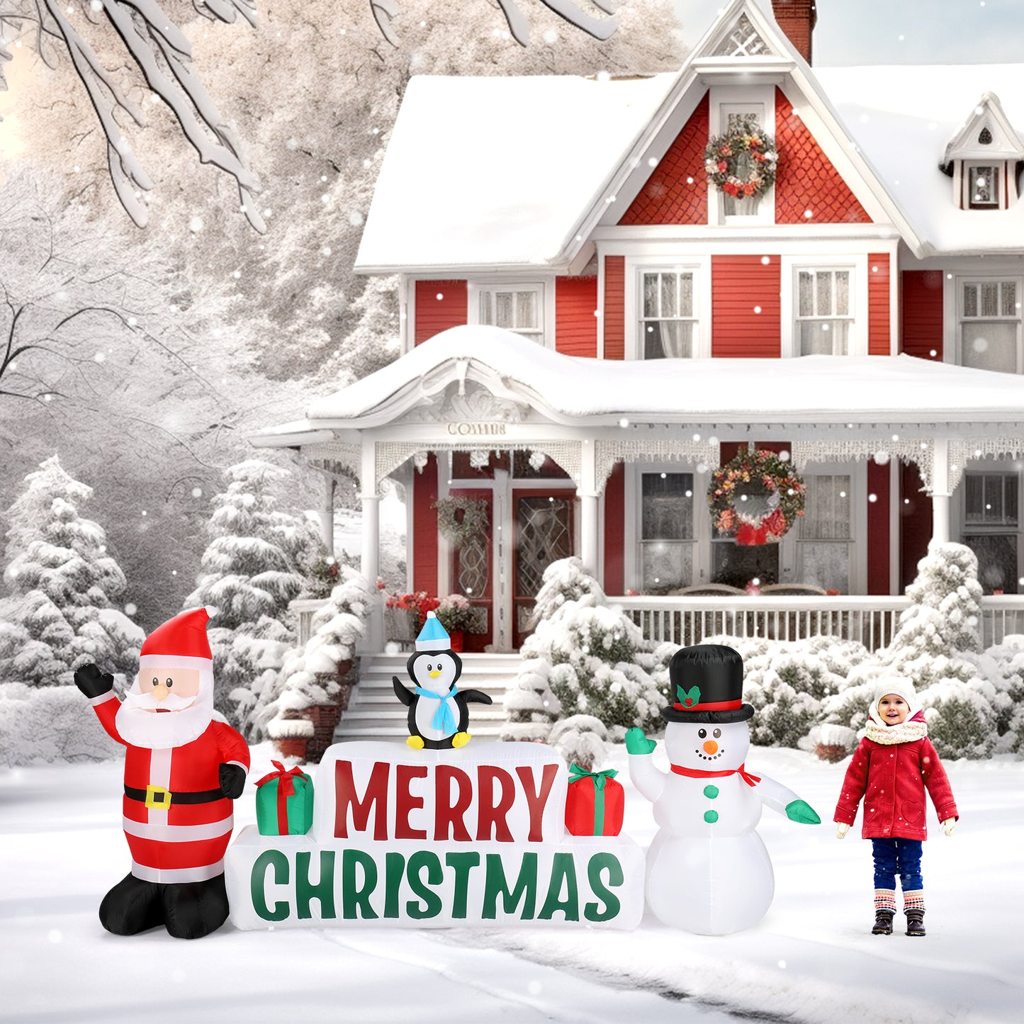 9.8 FT Lighted Christmas Inflatable Decoration, Inflatable Santa Claus and Snowman Holding Merry Christmas Sign, Funny Blow Up Yard Decorations with Built-in LED Lights for Holiday Party Front Yard