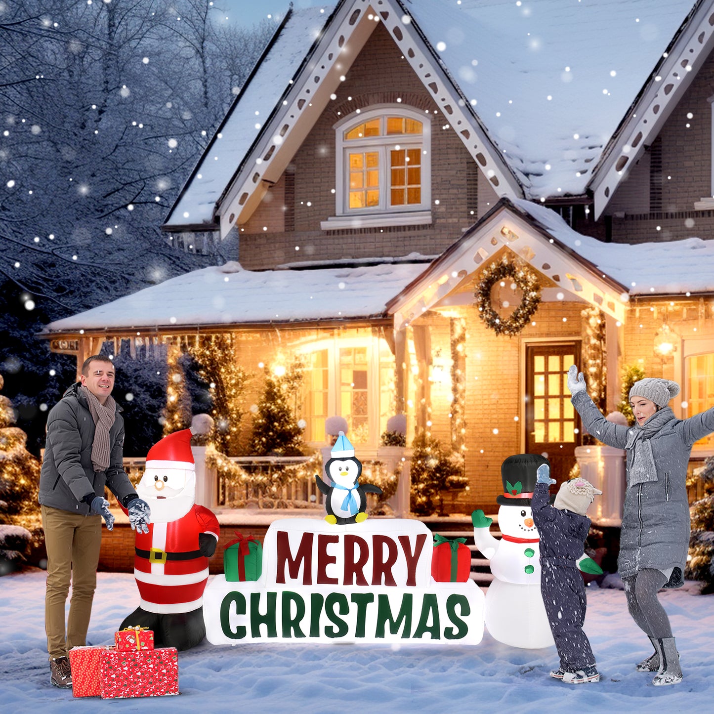 9.8 FT Lighted Christmas Inflatable Decoration, Inflatable Santa Claus and Snowman Holding Merry Christmas Sign, Funny Blow Up Yard Decorations with Built-in LED Lights for Holiday Party Front Yard