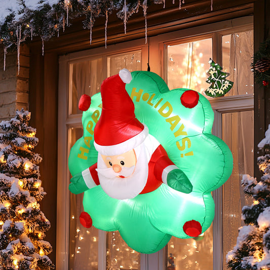 4 FT Lighted Christmas Inflatable Santa with Wreath Broke Out from Window, Large Blow Up Hanging Inflatable Decoration with Built-in LED Lights for Window Decor Holiday Party Front Yard Lawn Garden