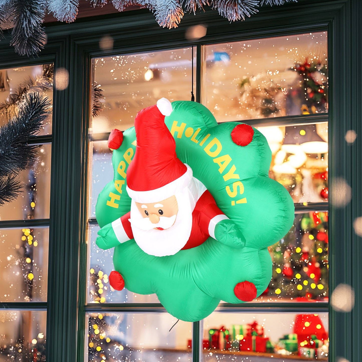 4 FT Lighted Christmas Inflatable Santa with Wreath Broke Out from Window, Large Blow Up Hanging Inflatable Decoration with Built-in LED Lights for Window Decor Holiday Party Front Yard Lawn Garden