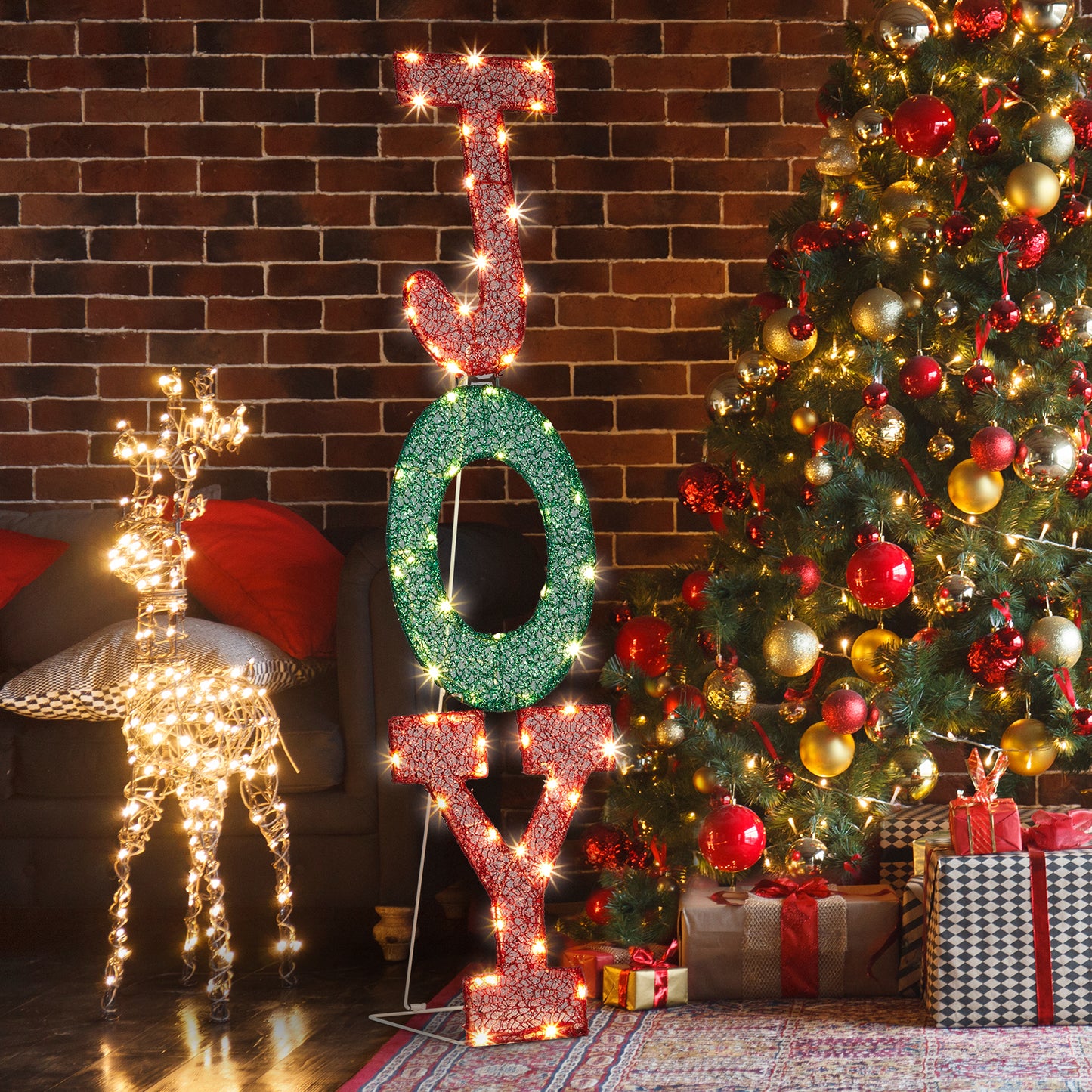 Lighted JOY Letter Sign Christmas Yard Decorations, Pre-lit 2D Letter Display with 45 LED Warm White Lights and Stakes for Xmas Outdoor Holiday Indoor Decor Lighted Holiday Displays