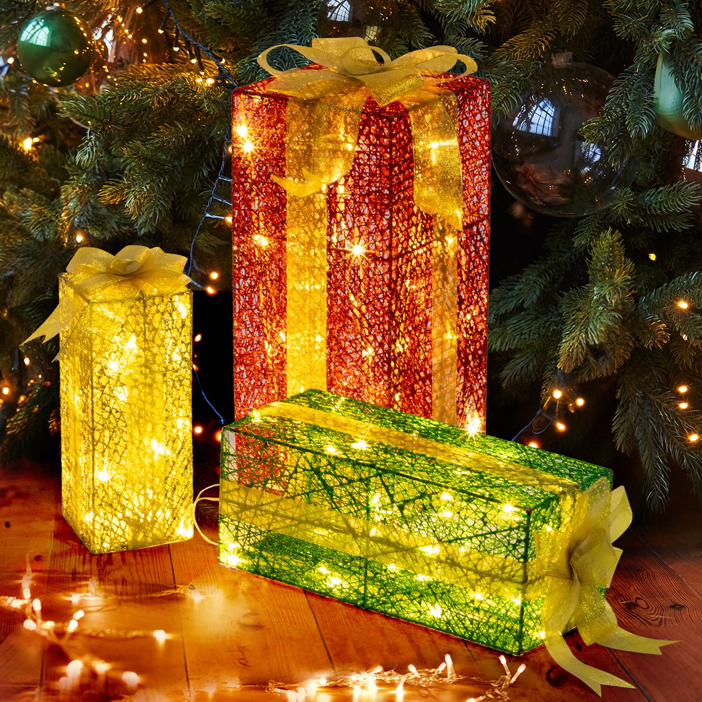 Lighted Gift Boxes Set of 3, Pre-lit Nestable Present Boxes Ornament with 90 LED Warm White Lights and Stakes for Christmas Outdoor Indoor Decorations Lighted Holiday Displays