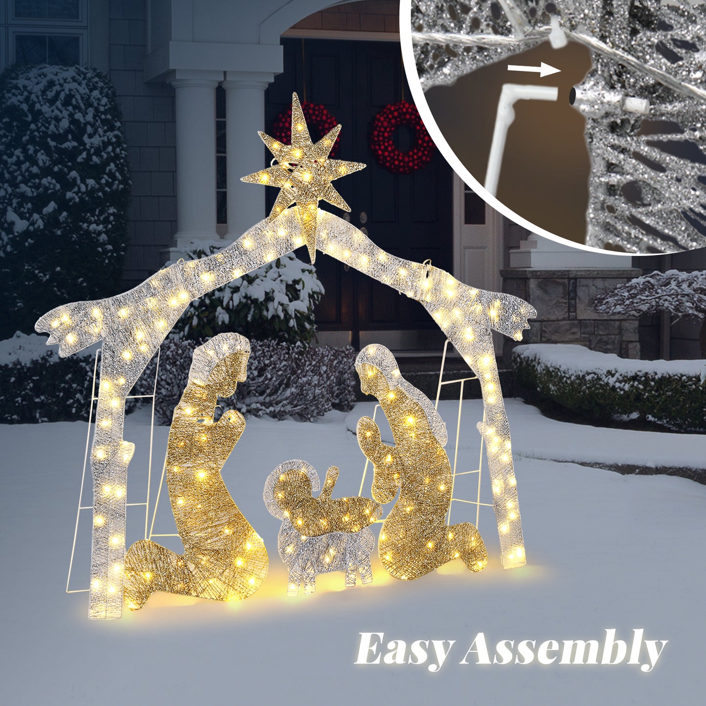 6ft Silver Roof 190LED Lights Nativity Scene Garden Jesus Decoration