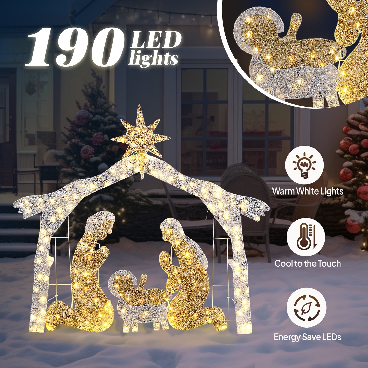 6ft Silver Roof 190LED Lights Nativity Scene Garden Jesus Decoration