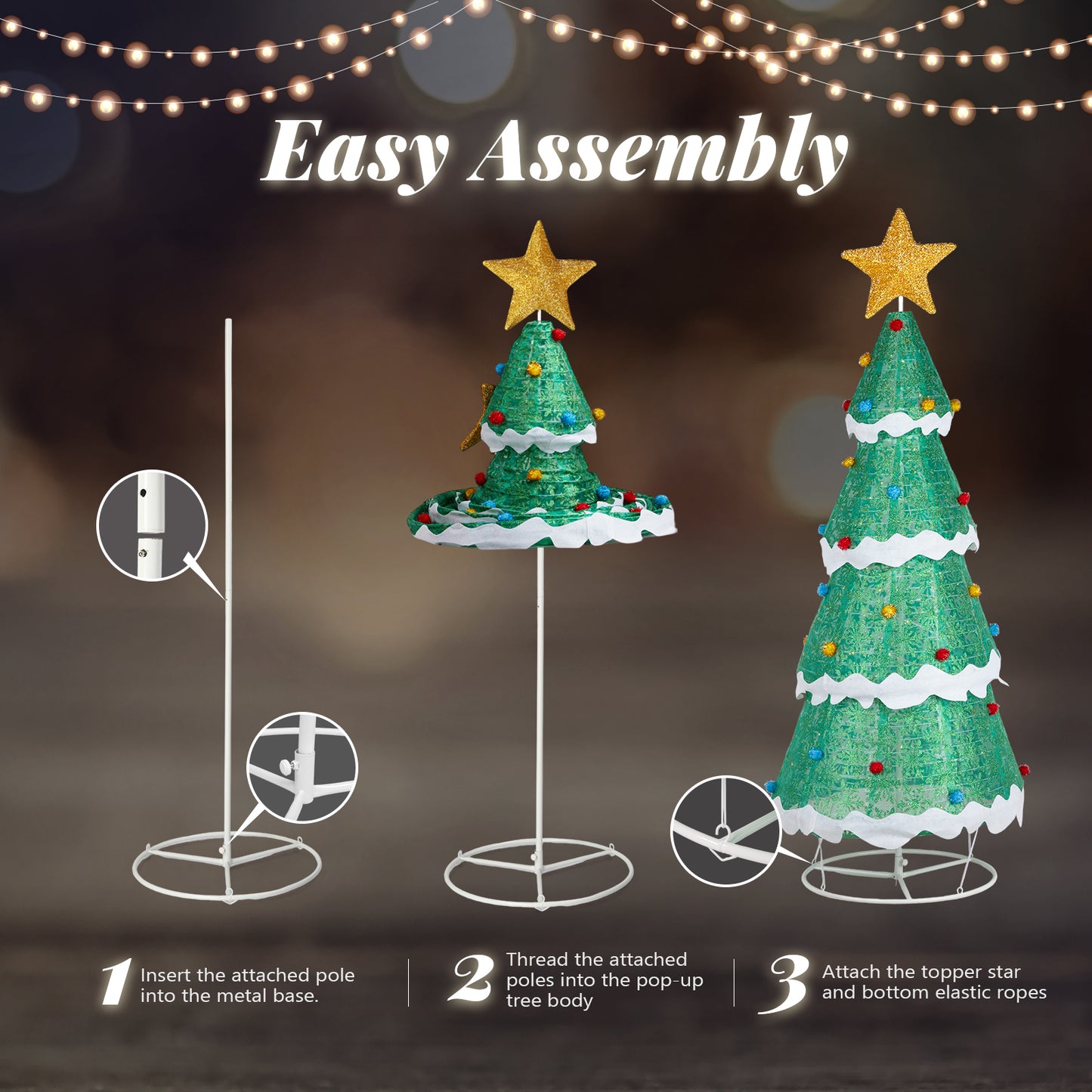 6FT Lighted Christmas Tree Yard Decorations, Pre-lit Pull Up Christmas Tree with 200 LED Warm White Lights and Ropes Stakes for Xmas Outdoor Holiday Indoor Decor Lighted Holiday Displays