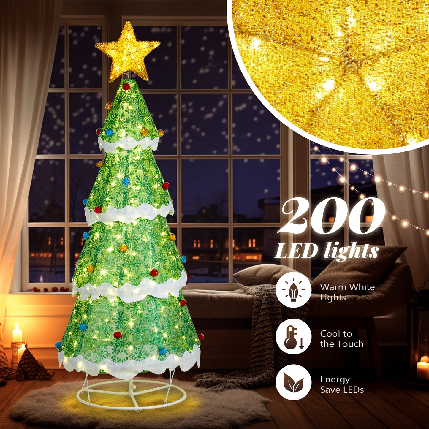 6FT Lighted Christmas Tree Yard Decorations, Pre-lit Pull Up Christmas Tree with 200 LED Warm White Lights and Ropes Stakes for Xmas Outdoor Holiday Indoor Decor Lighted Holiday Displays