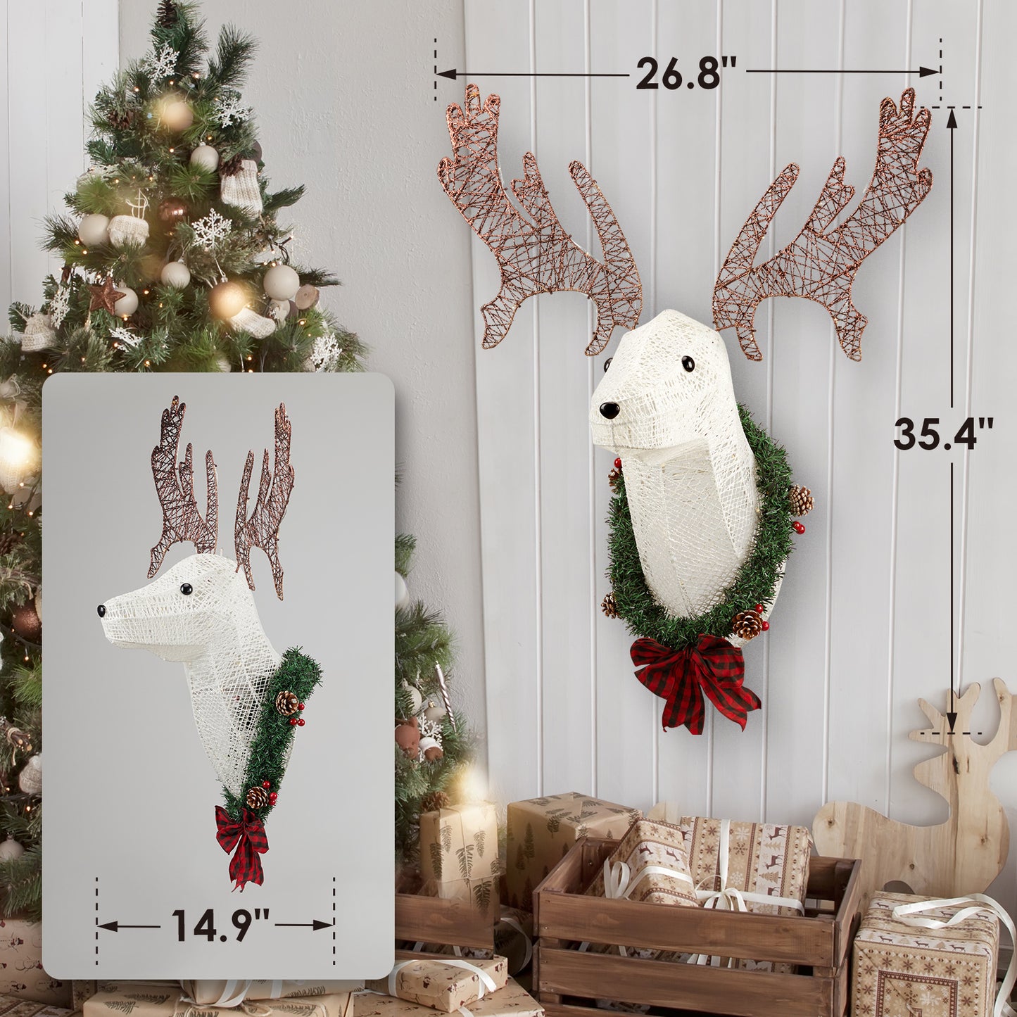 Lighted Christmas Wall Decor Reindeer Head, 39" Pre-lit 3D Rudolph Hanging Wreath for Front Door Window Indoor Outdoor Xmas Decor Lighted Holiday Displays