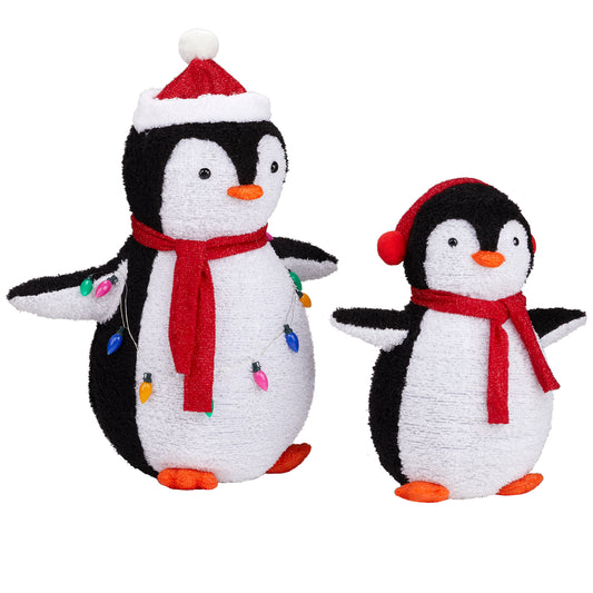 2-Piece Lighted Plush Penguins Christmas Yard Decorations, Set of 2 Pre-lit Pull Up Penguins with 150 Warm White LEDs, Multi-color Light String and Stakes for Xmas Outdoor Holiday Indoor Decor