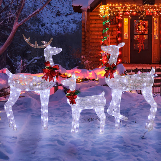 3-Piece Lighted Christmas Reindeer Family Set Outdoor Decorations, Weather Proof 2D Deer Family Set of 3 Christmas Ornament Home Decor Pre-lit 200 LED White Lights with Stakes, White