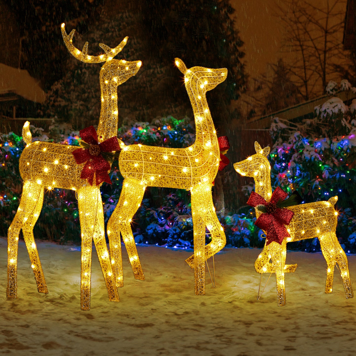 3-Piece Lighted Christmas Reindeer Family Set Outdoor Decorations, Weather Proof 2D Deer Family Set of 3 Christmas Ornament Home Decor Pre-lit 200 LED Warm White Lights with Stakes, Golden