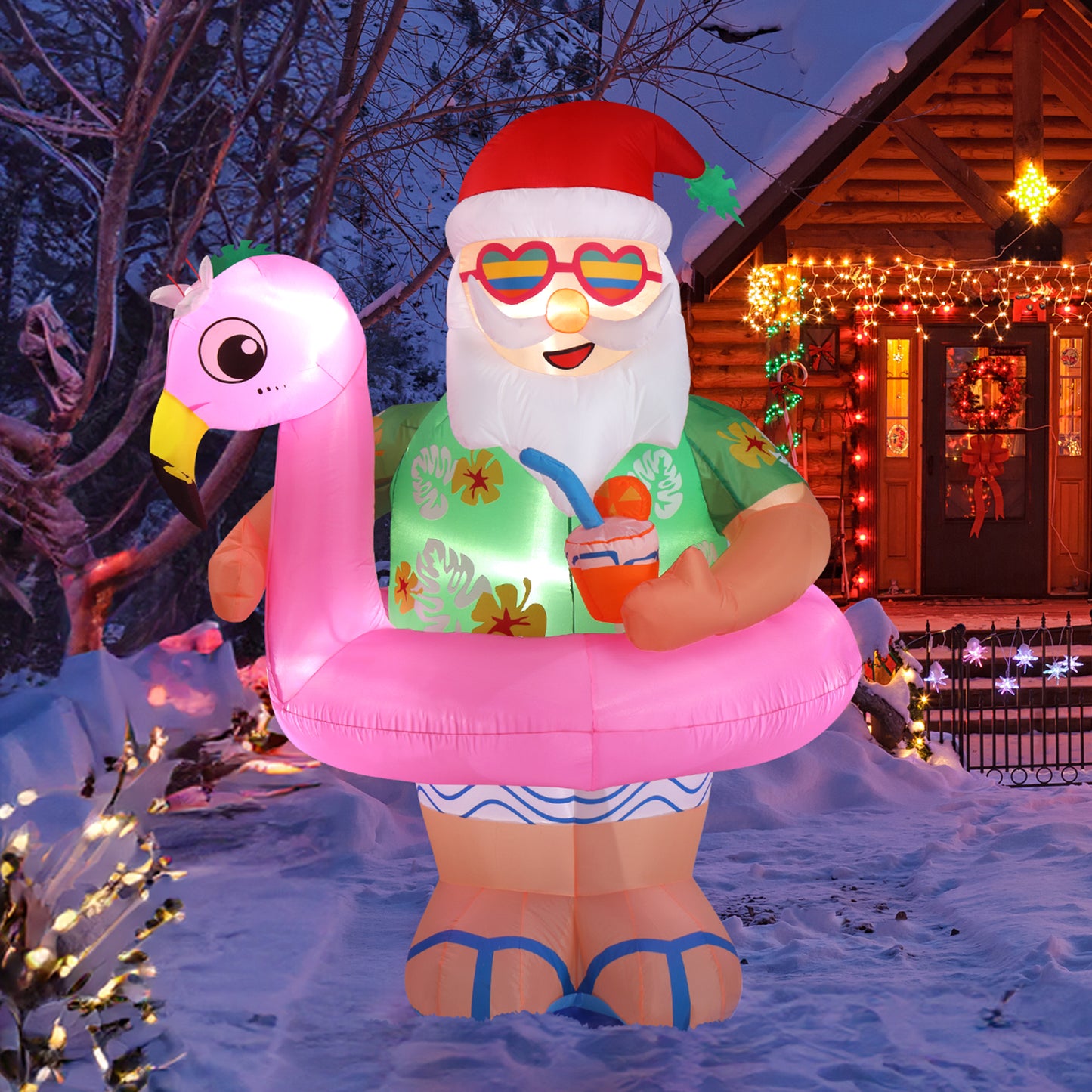 5.9 FT Lighted Christmas Inflatable Decoration, Inflatable Hawaii Santa Claus Outdoor Decoration, Funny Blow Up Yard Decorations with Built-in LED Lights for Holiday Party Front Yard Lawn Garden Decor